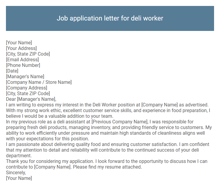 Job application letter for deli worker