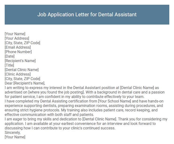 Job Application Letter for Dental Assistant