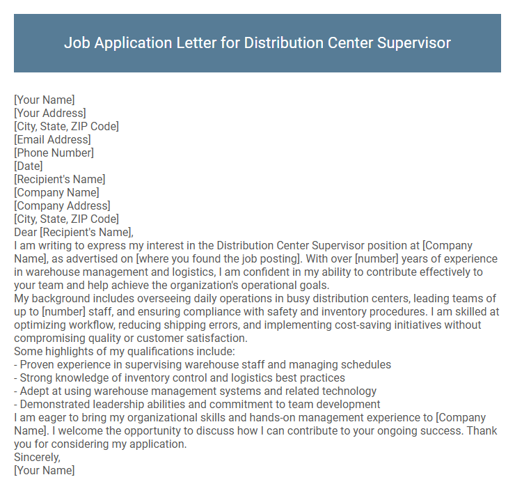 Job Application Letter for Distribution Center Supervisor