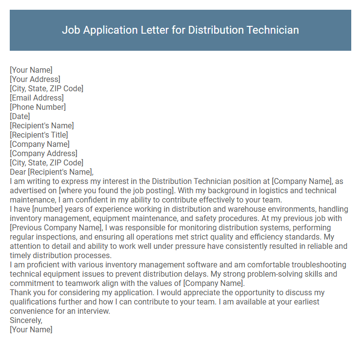 Job Application Letter for Distribution Technician