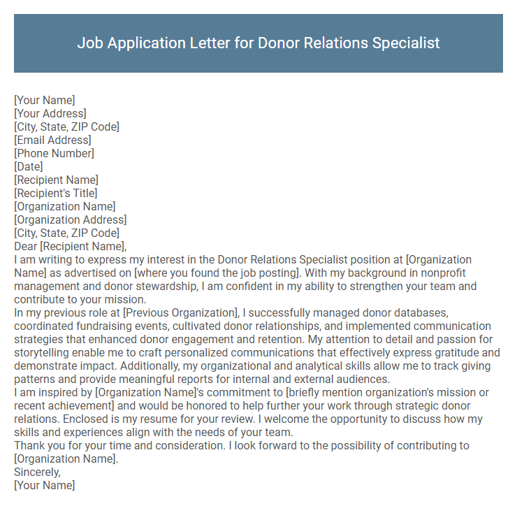 Job Application Letter for Donor Relations Specialist