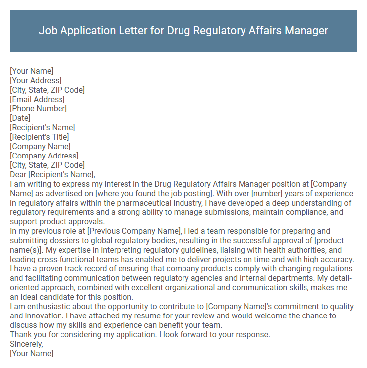Job Application Letter for Drug Regulatory Affairs Manager