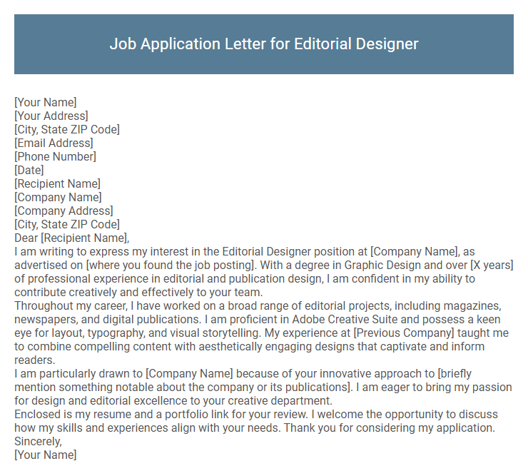Job Application Letter for Editorial Designer