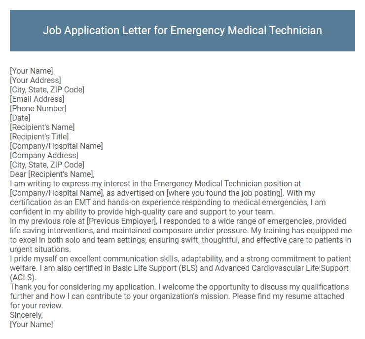 Job Application Letter for Emergency Medical Technician