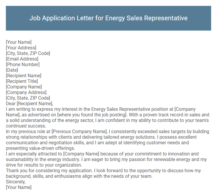 Job Application Letter for Energy Sales Representative