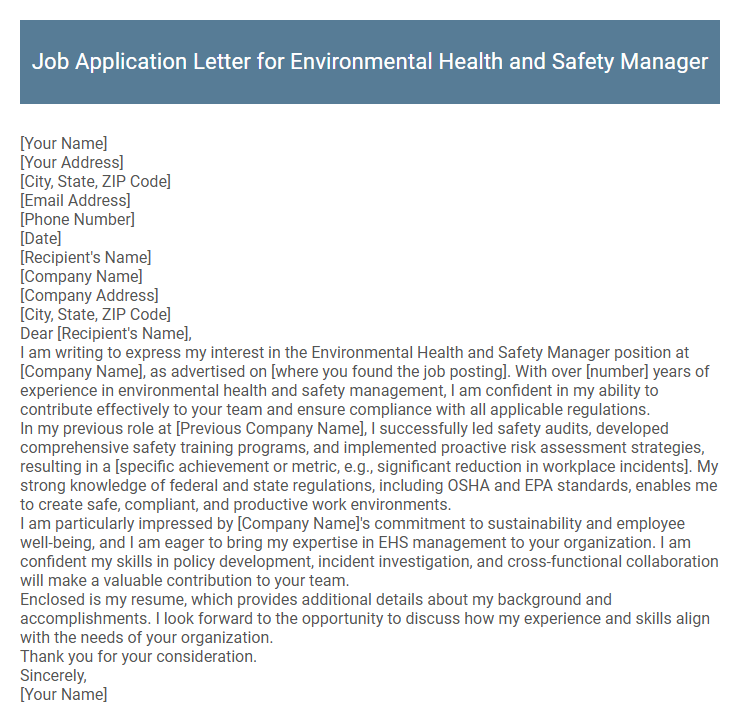 Job Application Letter for Environmental Health and Safety Manager