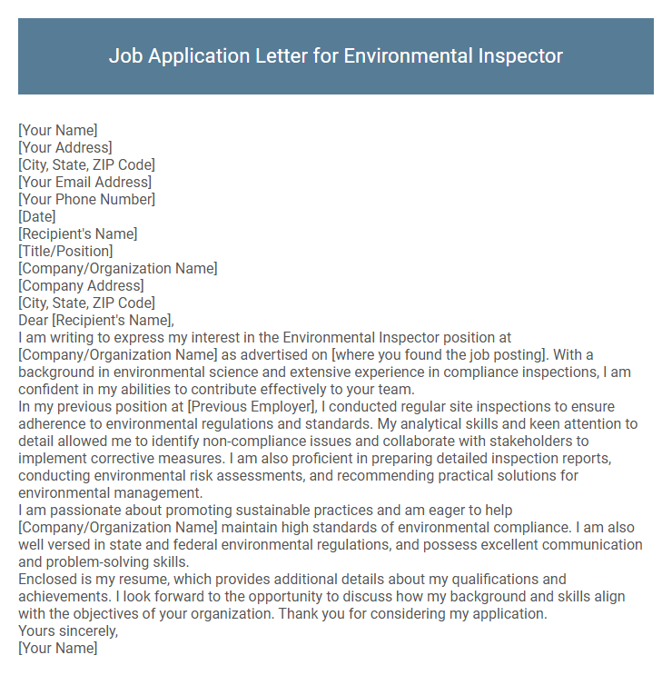 Job Application Letter for Environmental Inspector