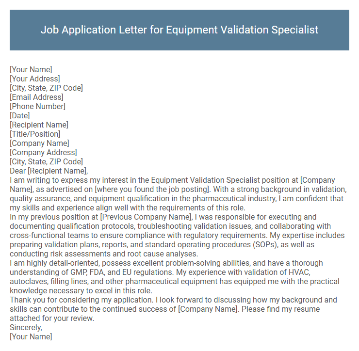 Job Application Letter for Equipment Validation Specialist