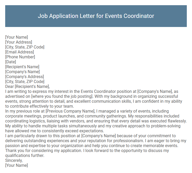 Job Application Letter for Events Coordinator