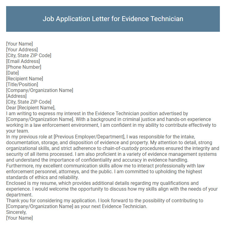 Job Application Letter for Evidence Technician