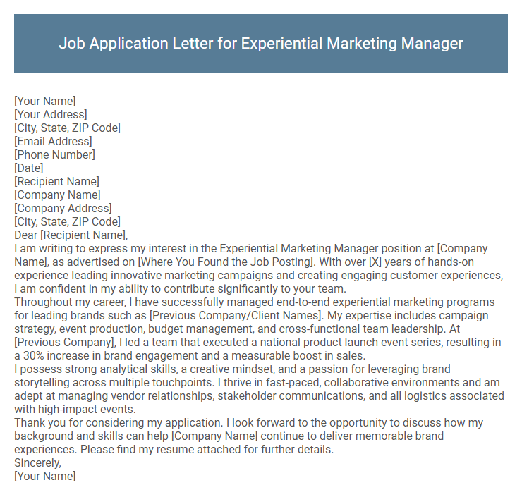 Job Application Letter for Experiential Marketing Manager