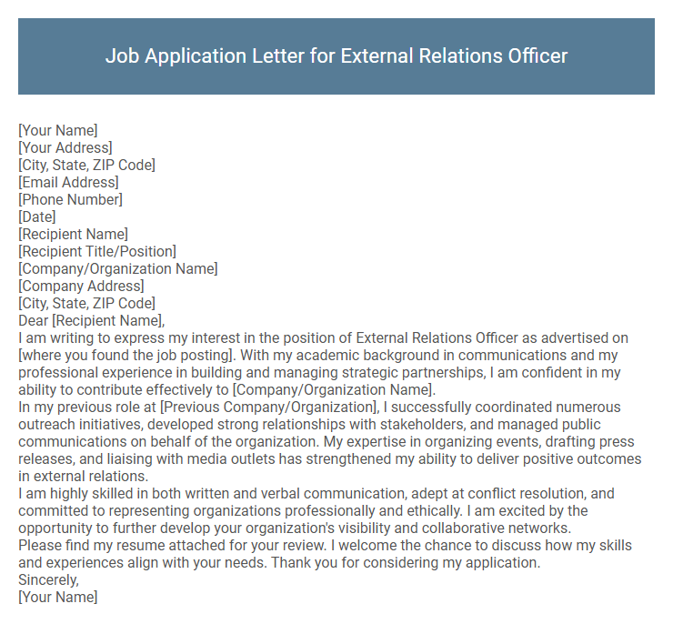 Job Application Letter for External Relations Officer
