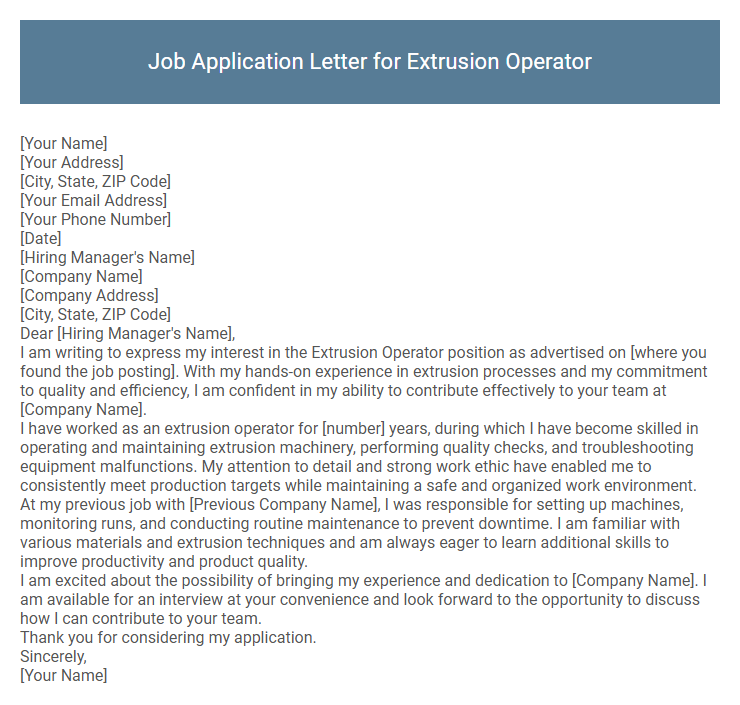 Job Application Letter for Extrusion Operator