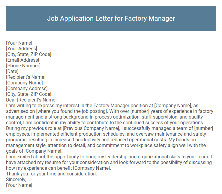 Job Application Letter for Factory Manager