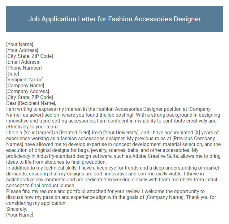 Job Application Letter for Fashion Accessories Designer