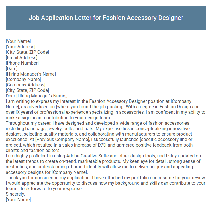 Job Application Letter for Fashion Accessory Designer