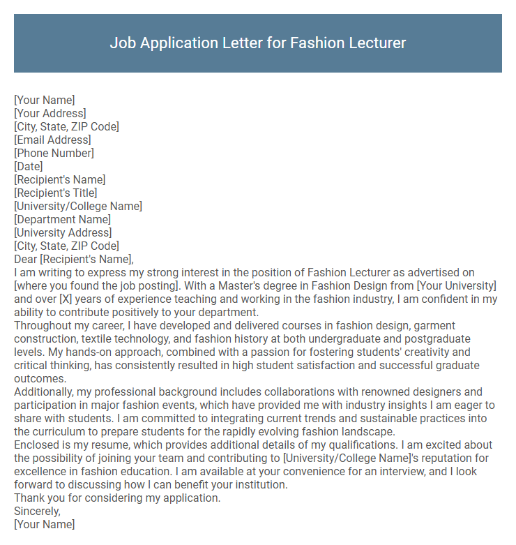 Job Application Letter for Fashion Lecturer
