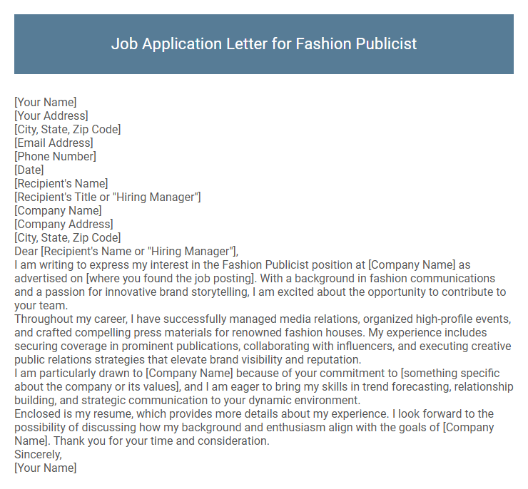 Job Application Letter for Fashion Publicist