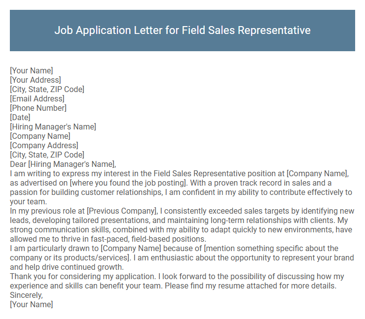 Job Application Letter for Field Sales Representative