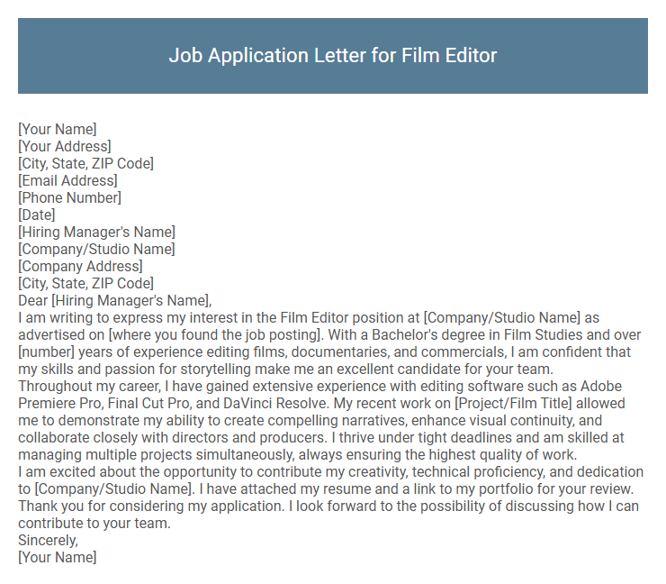 Job Application Letter for Film Editor