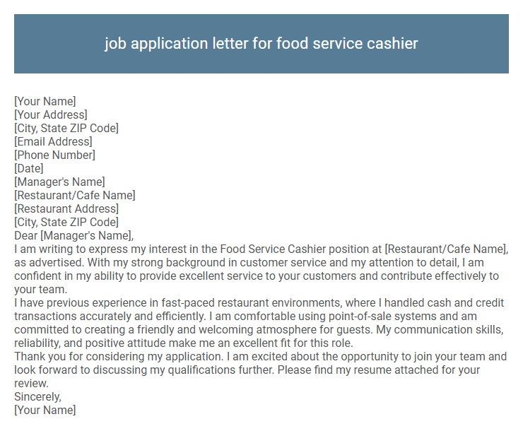 job application letter for food service cashier