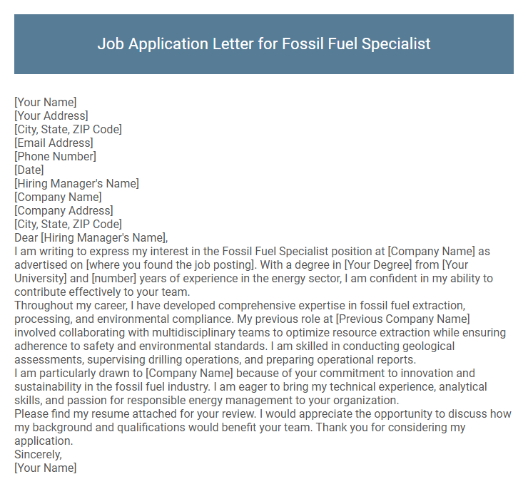 Job Application Letter for Fossil Fuel Specialist