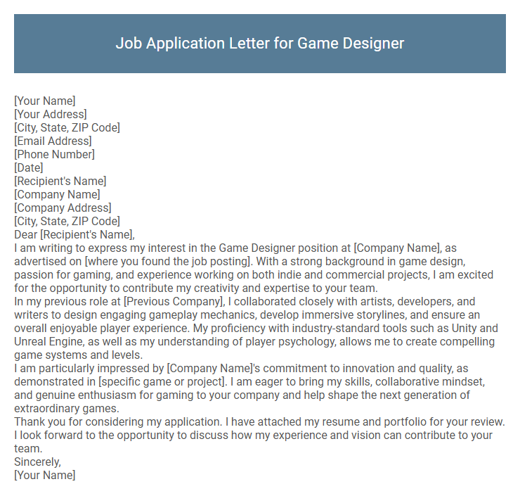 Job Application Letter for Game Designer