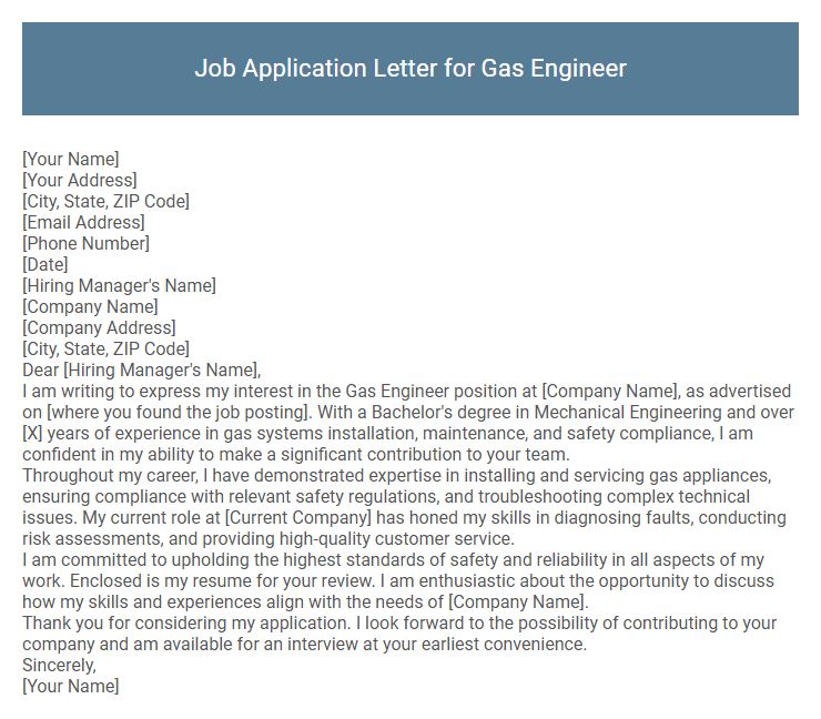 Job Application Letter for Gas Engineer
