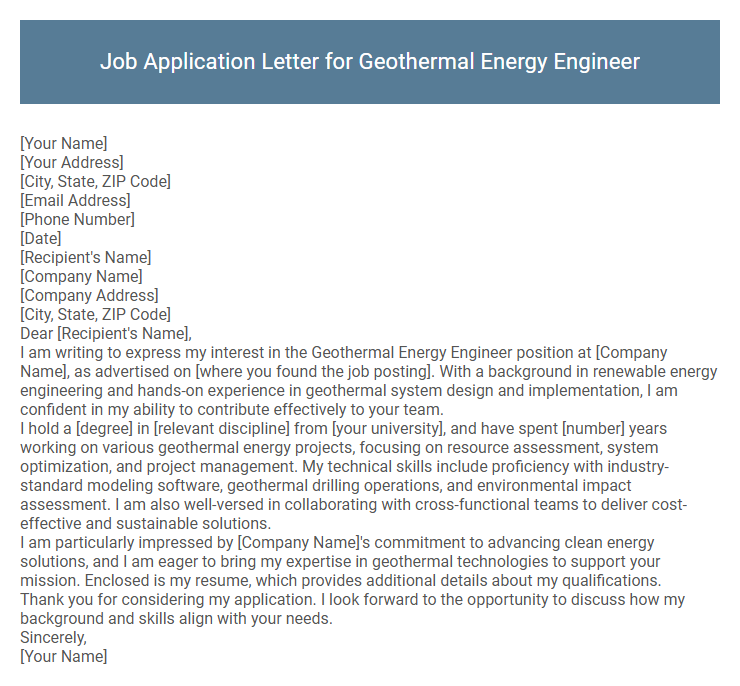 Job Application Letter for Geothermal Energy Engineer