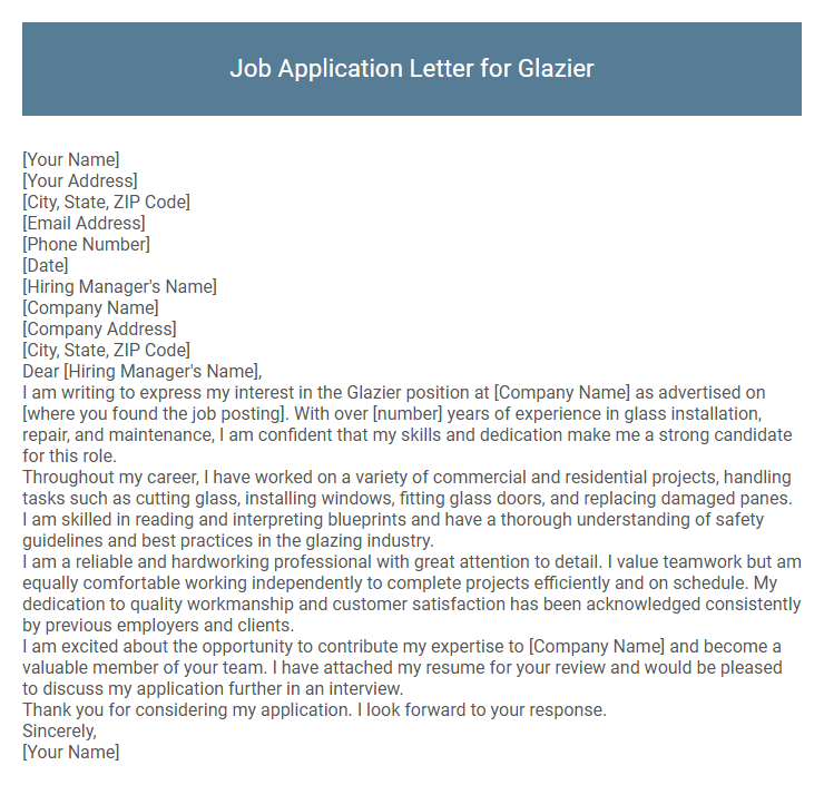 Job Application Letter for Glazier