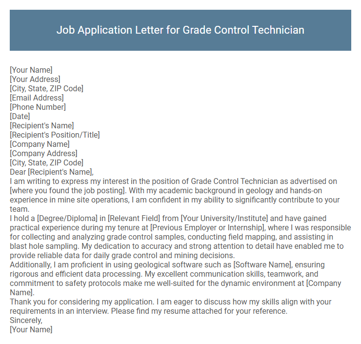 Job Application Letter for Grade Control Technician