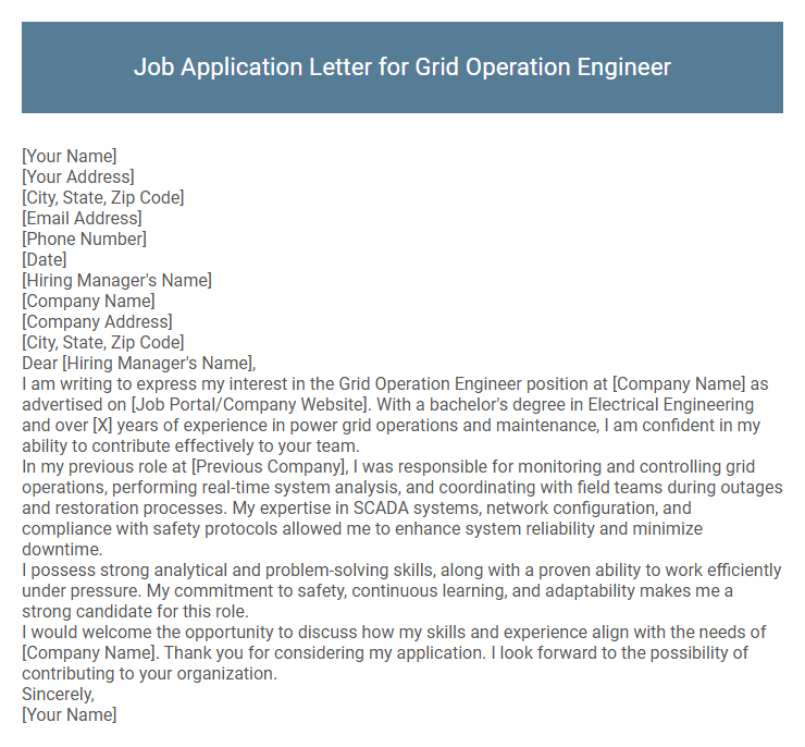 Job Application Letter for Grid Operation Engineer