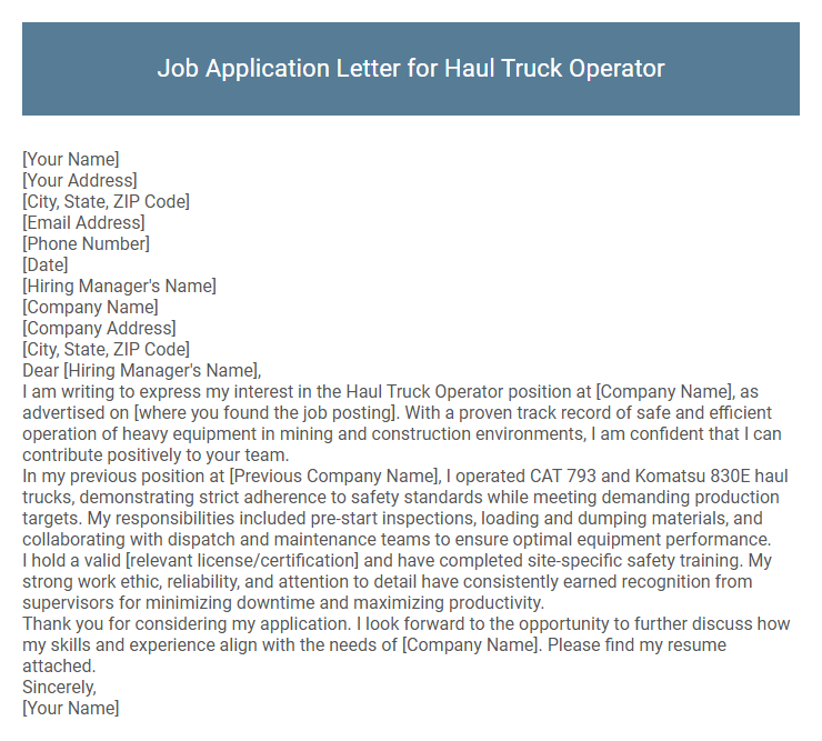 Job Application Letter for Haul Truck Operator