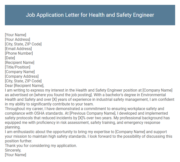 Job Application Letter for Health and Safety Engineer