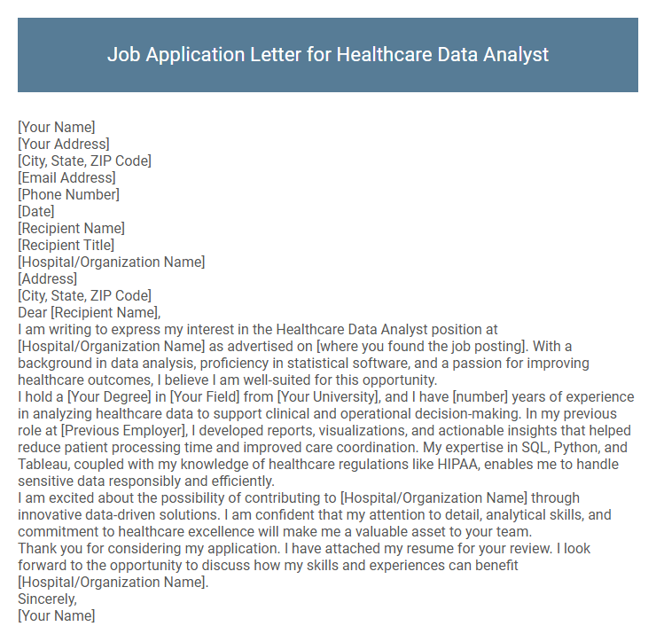 Job Application Letter for Healthcare Data Analyst