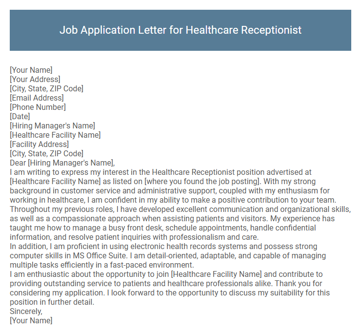 Job Application Letter for Healthcare Receptionist
