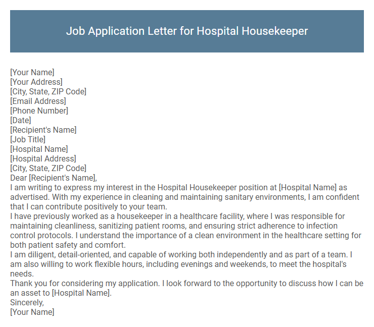 Job Application Letter for Hospital Housekeeper