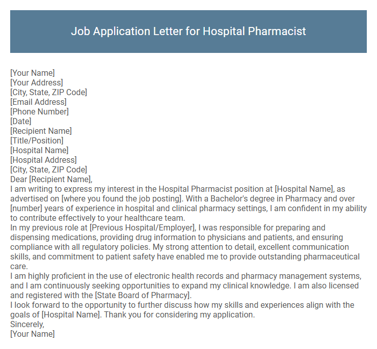 Job Application Letter for Hospital Pharmacist