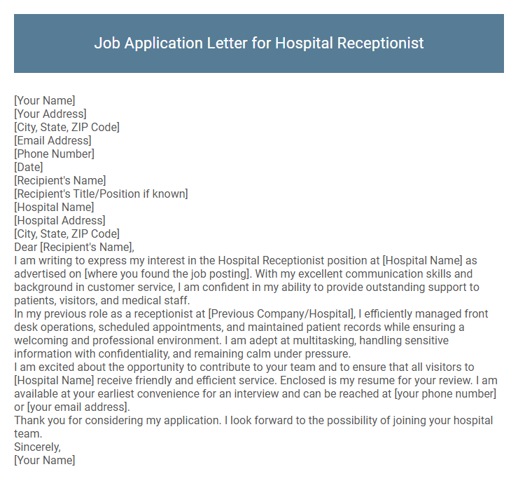 Job Application Letter for Hospital Receptionist