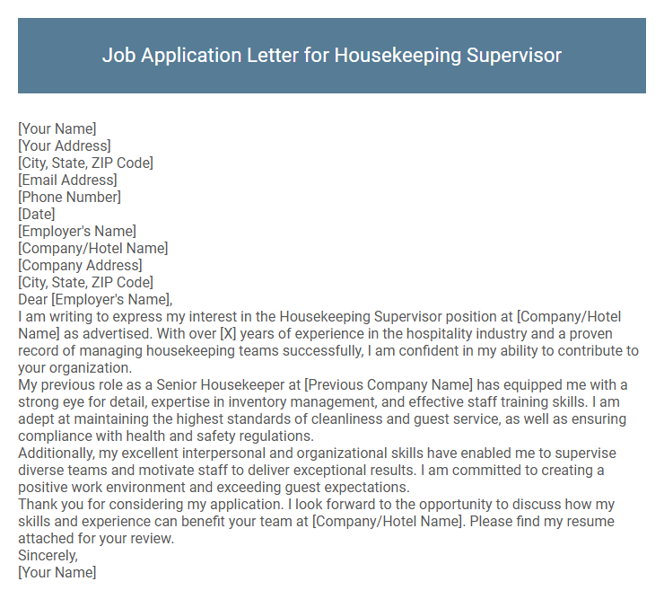 Job Application Letter for Housekeeping Supervisor