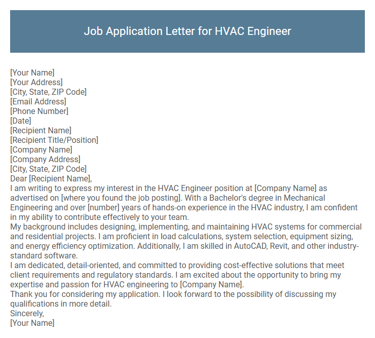 Job Application Letter for HVAC Engineer