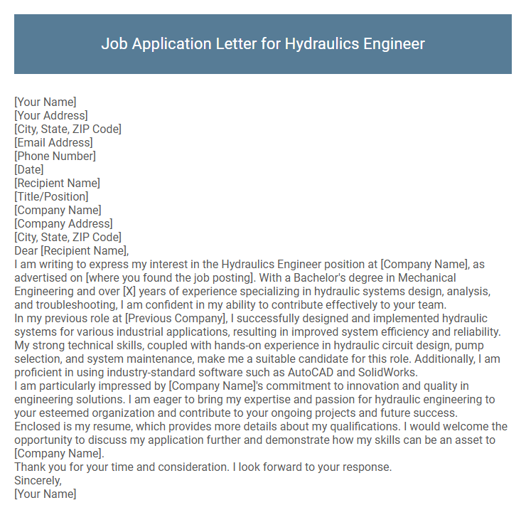 Job Application Letter for Hydraulics Engineer