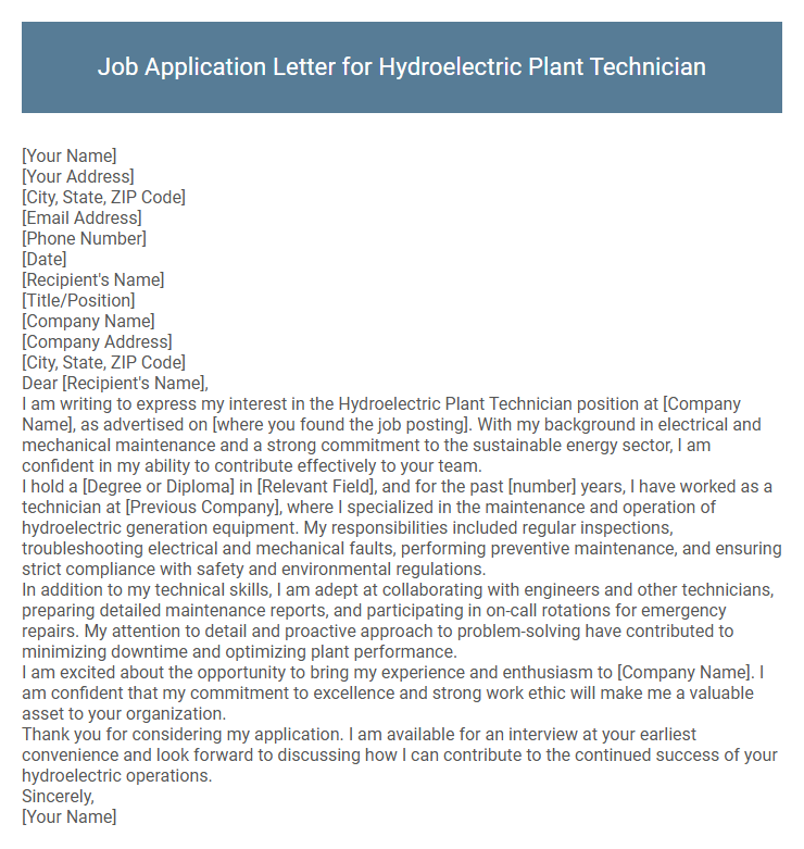Job Application Letter for Hydroelectric Plant Technician