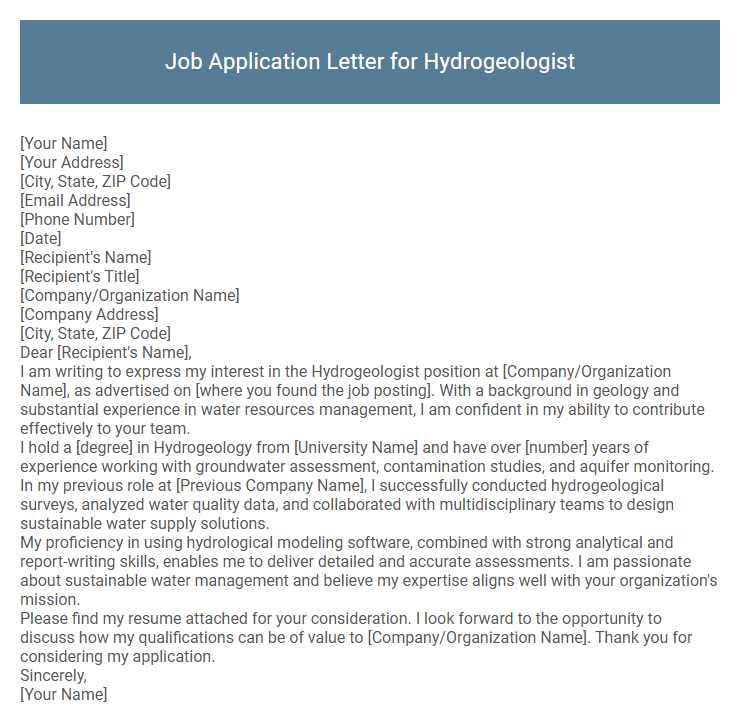 Job Application Letter for Hydrogeologist