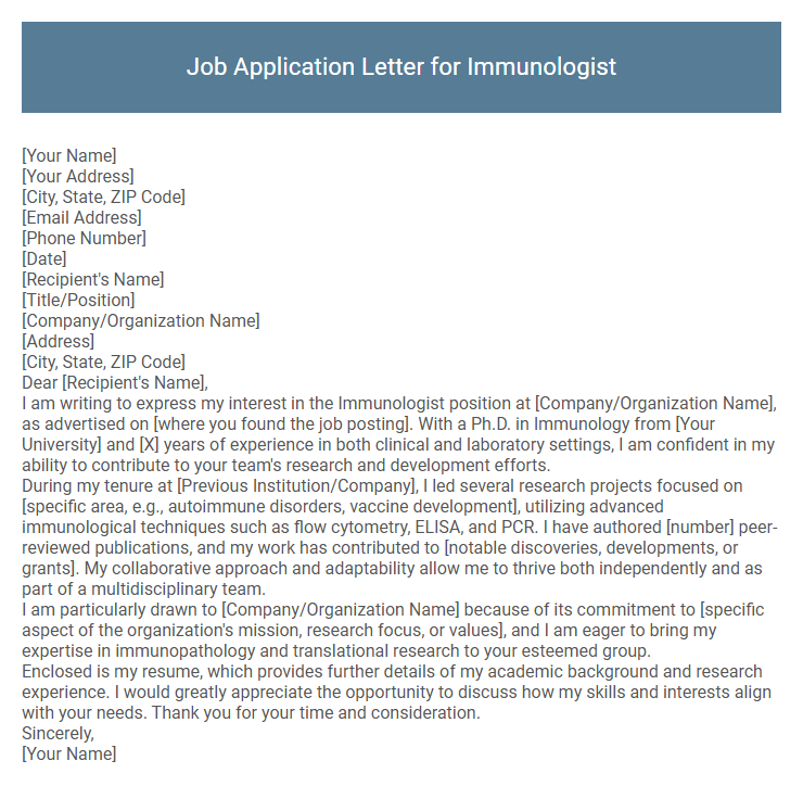 Job Application Letter for Immunologist