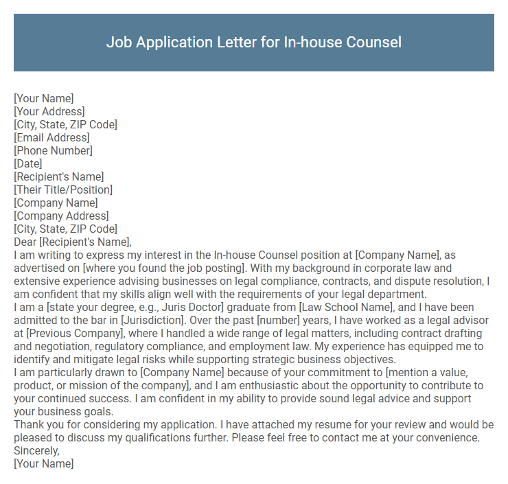 Job Application Letter for In-house Counsel