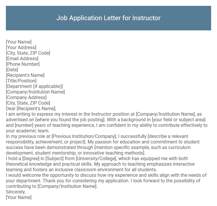 Job Application Letter for Instructor