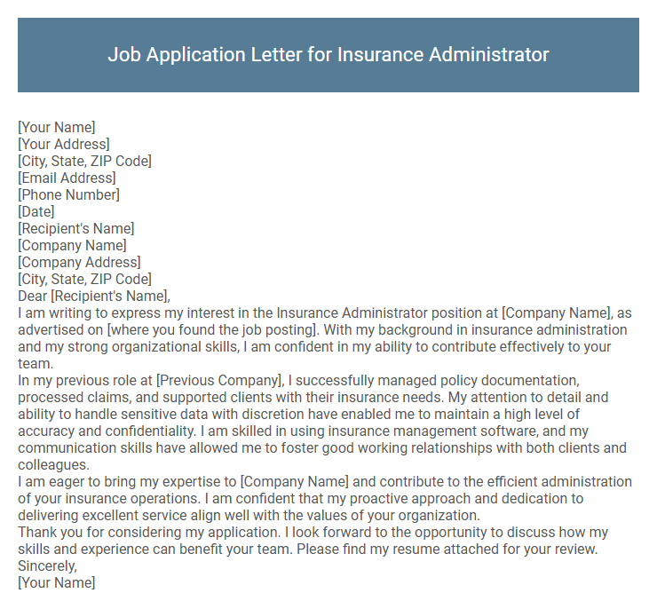 Job Application Letter for Insurance Administrator