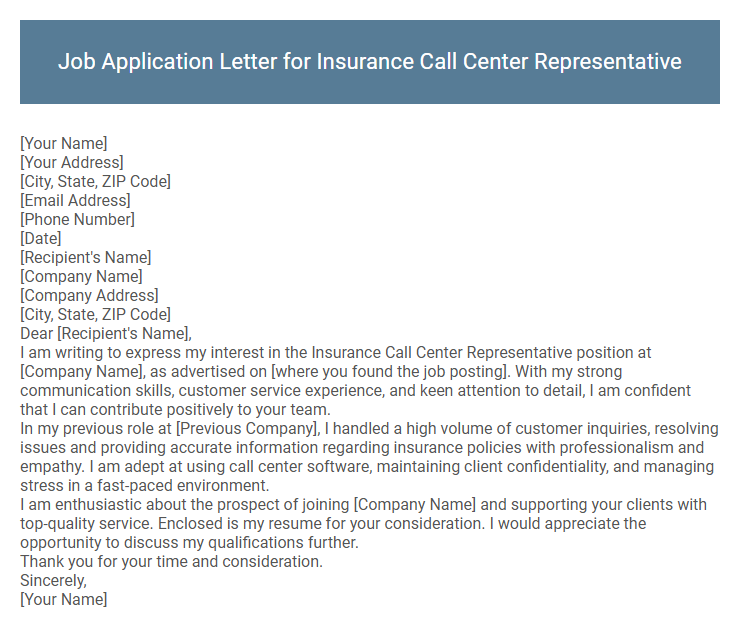Job Application Letter for Insurance Call Center Representative