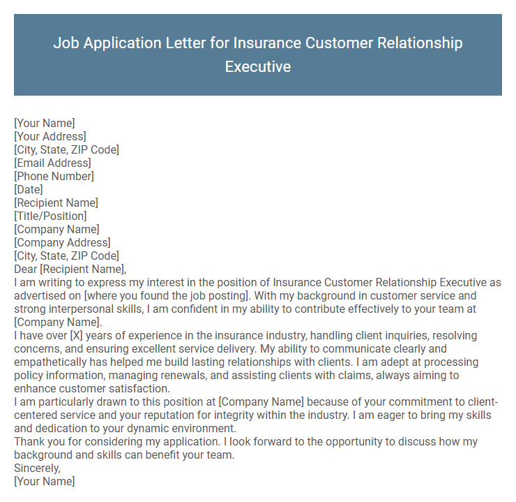 Job Application Letter for Insurance Customer Relationship Executive
